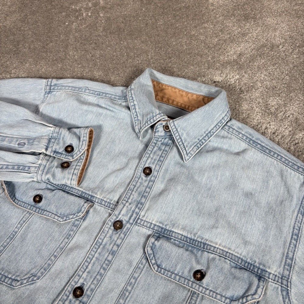 Vintage Faded Glory Shirt Mens S Light Blue Denim Long Sleeve Button Up Work Y2K